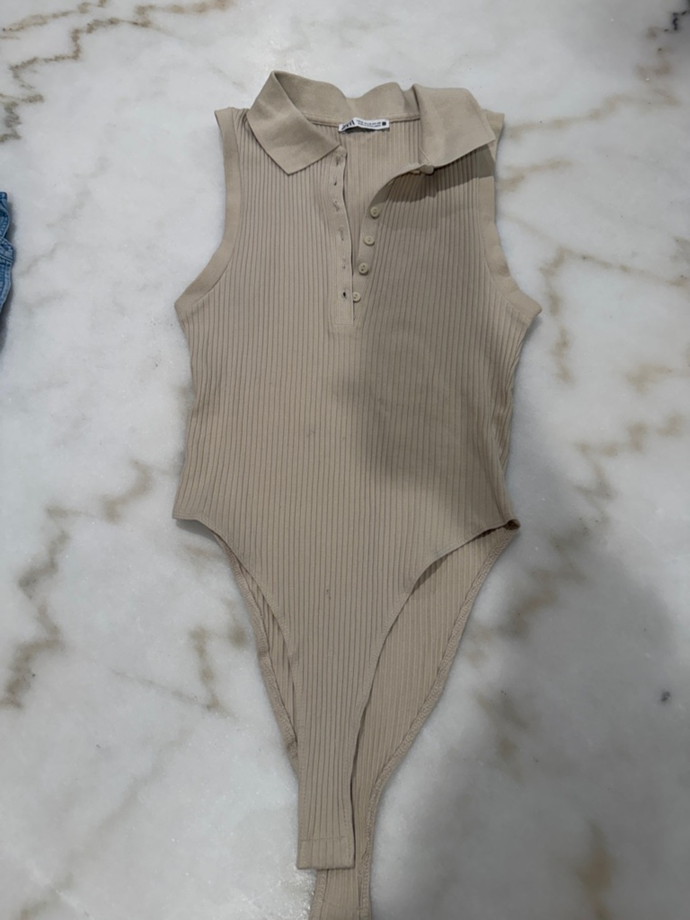 Zara Sleeveless Ribbed Polo Bodysuit - Beige